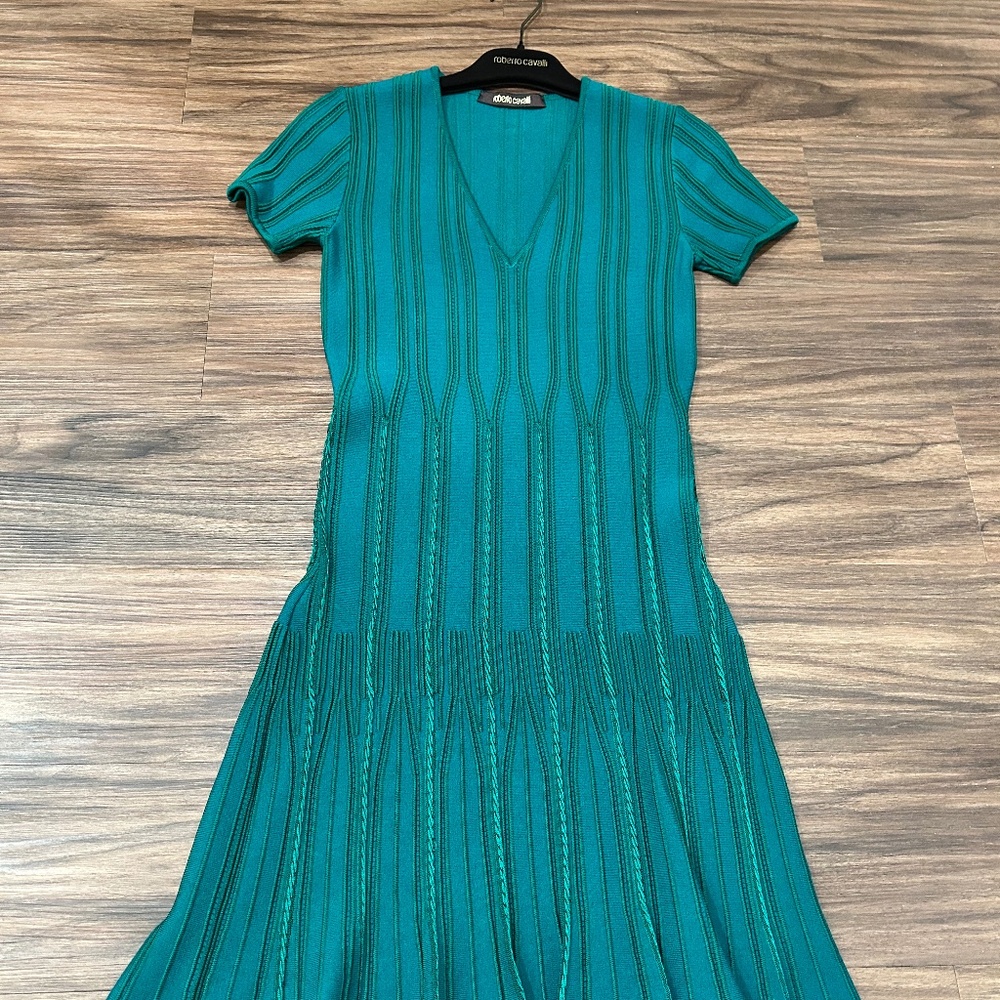 NWOT Roberto Cavalli Dress size EU 40 US 8 Green Short Sleeve V-neck Bodycon